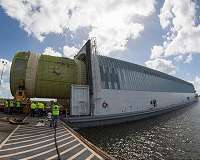 SLS Intertank loaded for shipment, structural testing